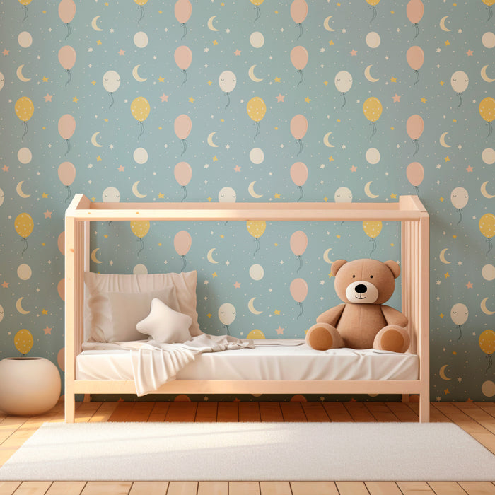 Papel de parede quarto bebê com padrões | Balões coloridos e céu estrelado