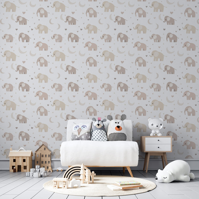 Nursery room wallpaper with patterns | Elegant elephants and soft moons