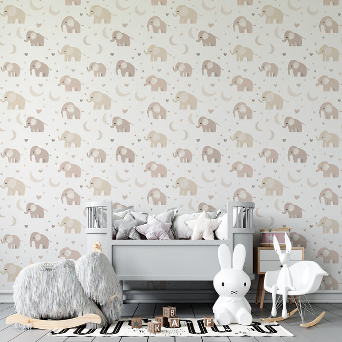 Nursery room wallpaper with patterns | Elegant elephants and soft moons