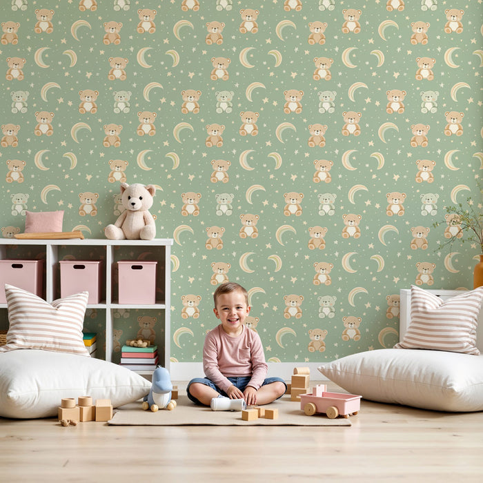 Papel pintado infantil con estampado de ositos adorables y arcoíris suaves