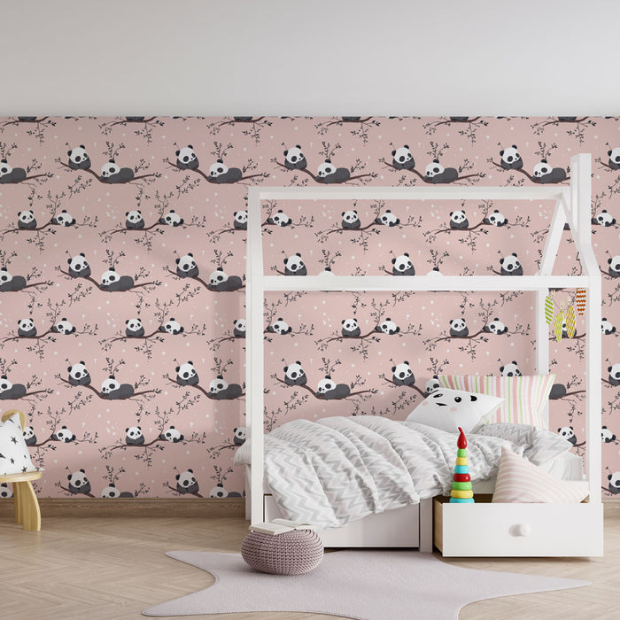 Babykamer behang met motieven | Speelse panda's op delicate takken