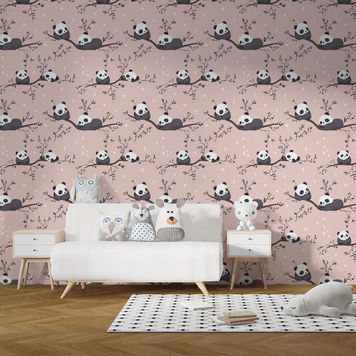 Babykamer behang met motieven | Speelse panda's op delicate takken
