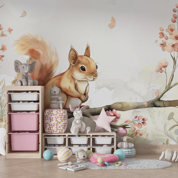 Papel de parede quarto bebê – Dreamy squirrel on a flowery branch in the heart of an enchanted garden