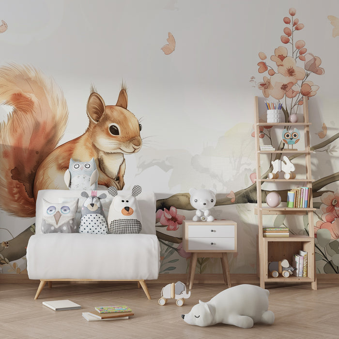 Papel de parede quarto bebê – Dreamy squirrel on a flowery branch in the heart of an enchanted garden