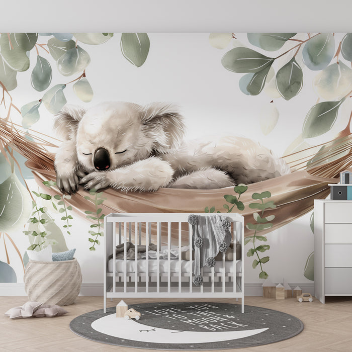Tapeta do dětského pokoje | Usnutý koala v přírodě v srdci eukalyptového listí