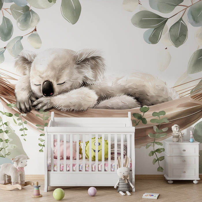Tapeta do dětského pokoje | Usnutý koala v přírodě v srdci eukalyptového listí