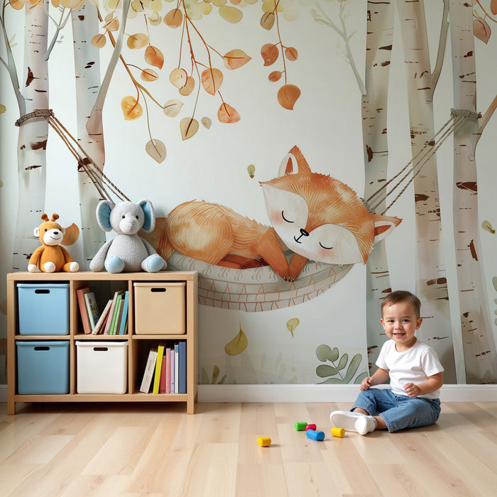Nursery room wallpaper | Kis róka aludt őszi függőágyban nyíló nyírfa törzsek között