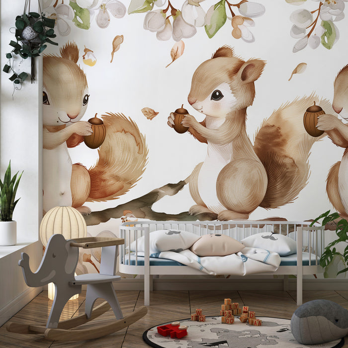 Papel de parede quarto bebê - Três bebês esquilos gulosos em um galho florido com bolotas na mão