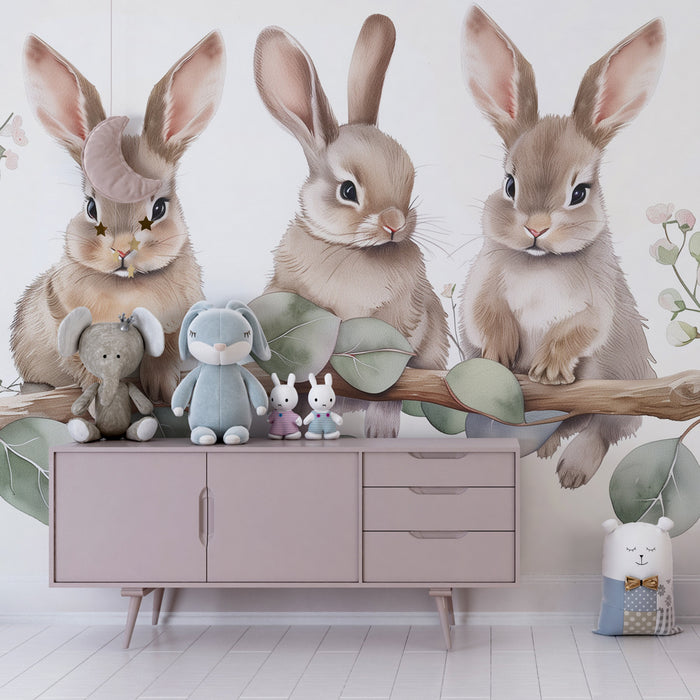 Nursery room wallpaper | Három kis nyuszi az águkon a puha levelek között