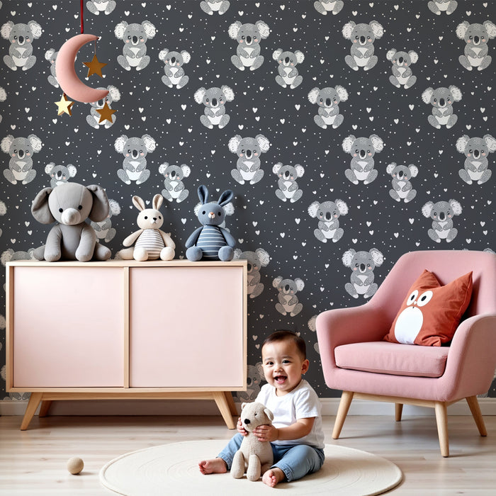 Carta da parati bambini a motivi | Adorabili koala su sfondo grigio