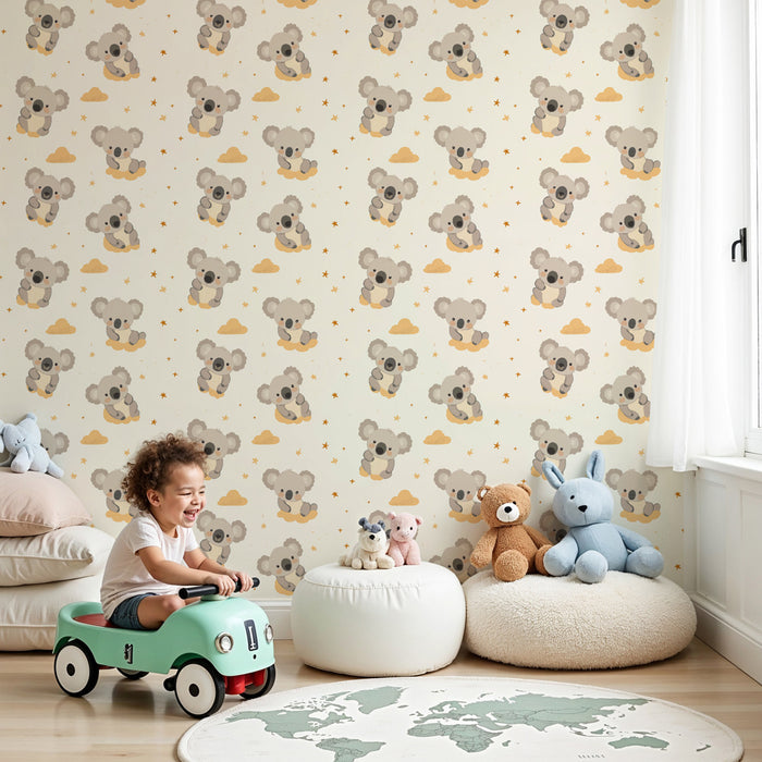 Papier peint chambre enfant à motifs | Adorables koalas sur un fond neutre