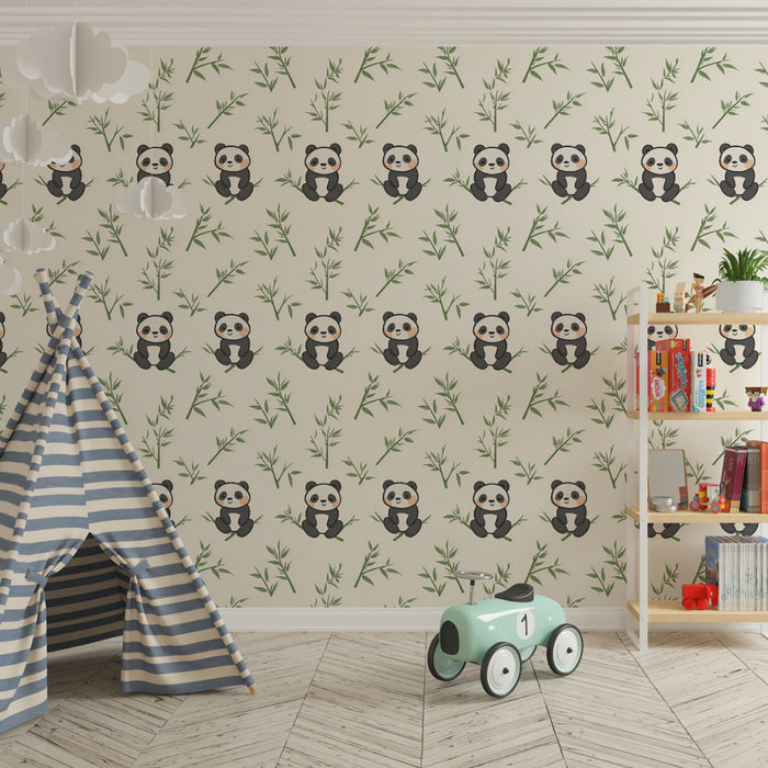 Kids room wallpaper with patterns | Adorable pandas and delicate foliage