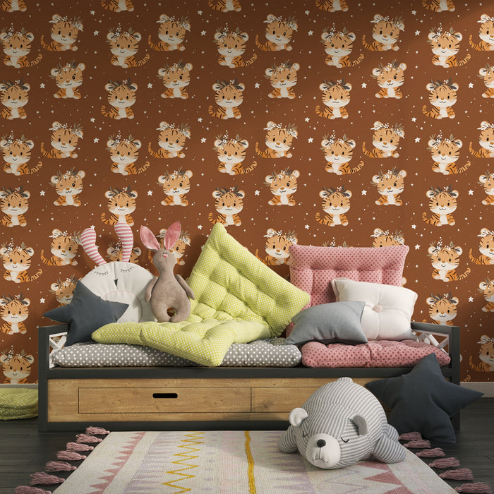Kids room wallpaper with patterns | Adorable tigers in a starry atmosphere