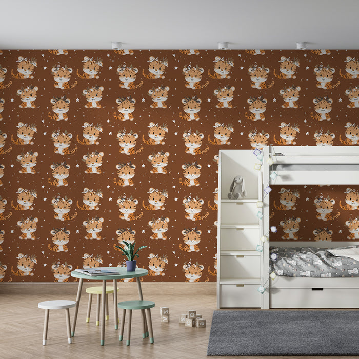 Kids room wallpaper with patterns | Adorable tigers in a starry atmosphere