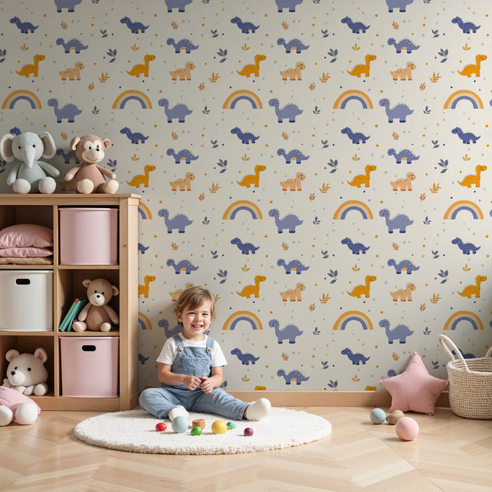 Papel pintado infantil con motivos | Divertidos dinosaurios y arcoíris coloridos