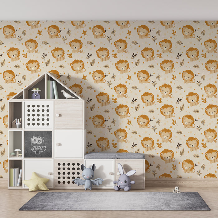 Papier peint chambre enfant à motifs | Amusants lions au milieu de feuilles colorées