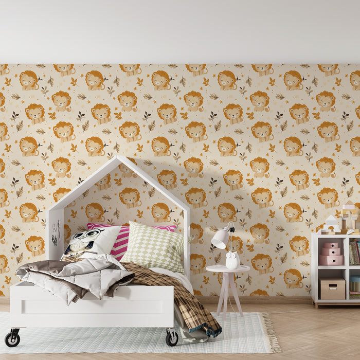Papier peint chambre enfant à motifs | Amusants lions au milieu de feuilles colorées