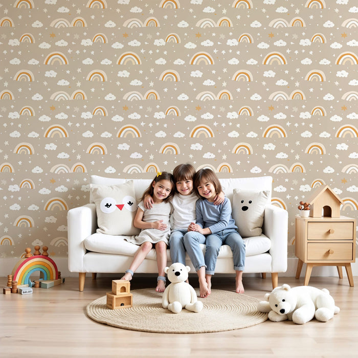Papel pintado infantil a rayas | Arco iris colorido y nubes suaves