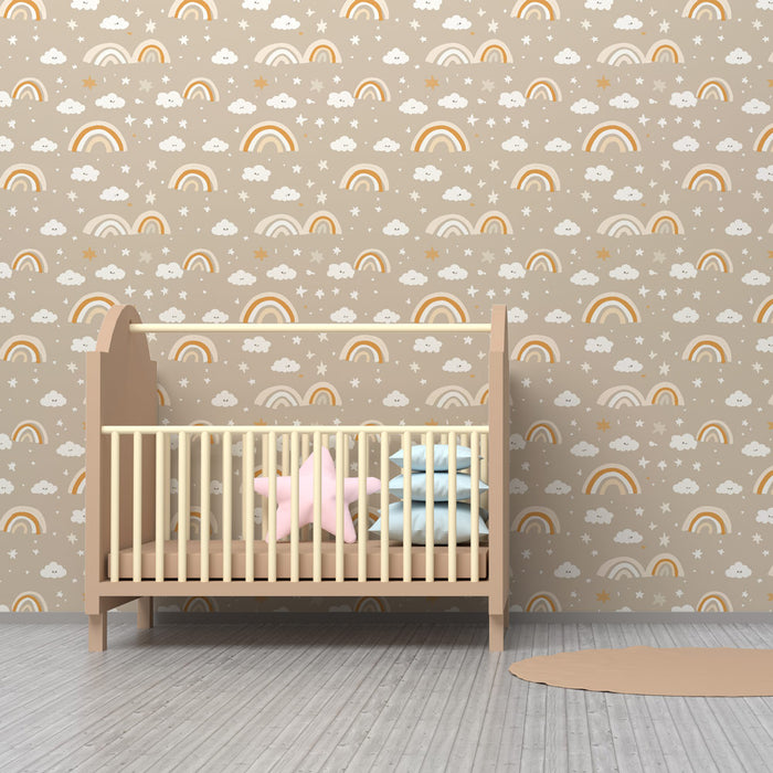 Kinderkamer behang met patronen | Kleurrijke regenboog en zachte wolken