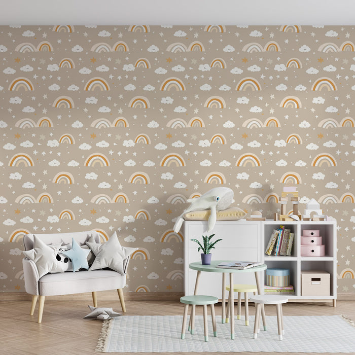 Kinderkamer behang met patronen | Kleurrijke regenboog en zachte wolken