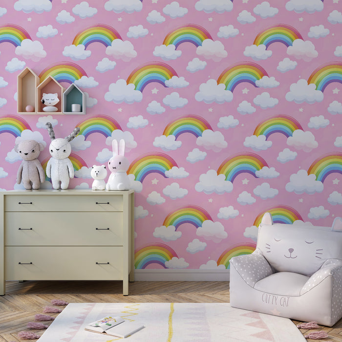 Papel de parede criança com padrões | Arco-íris colorido em fundo rosa