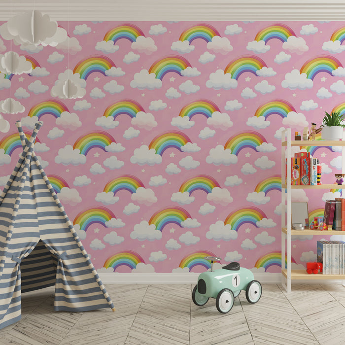 Papel de parede criança com padrões | Arco-íris colorido em fundo rosa