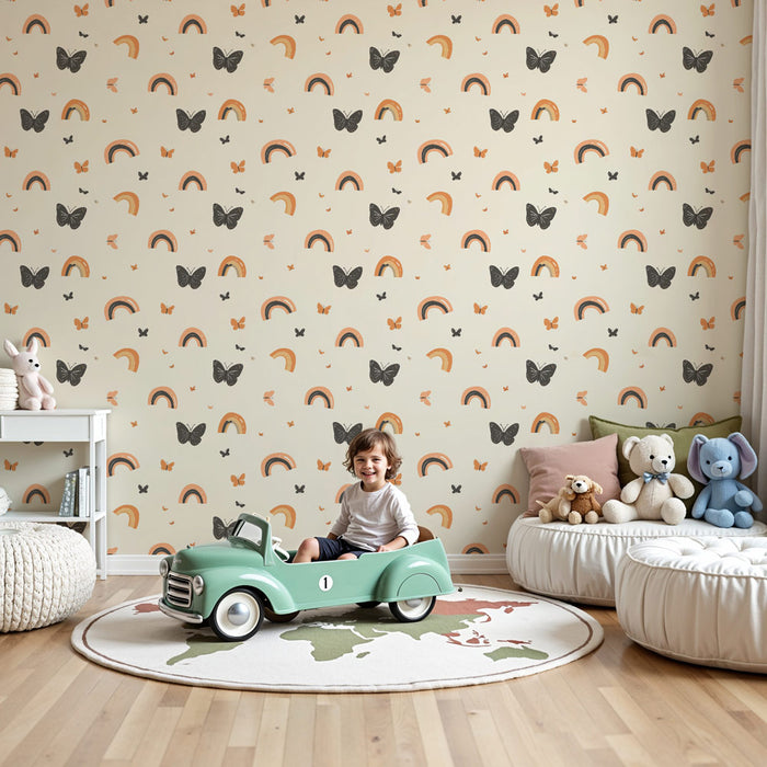 Papel pintado infantil con motivos | Arcoíris y mariposas coloridas sobre fondo suave