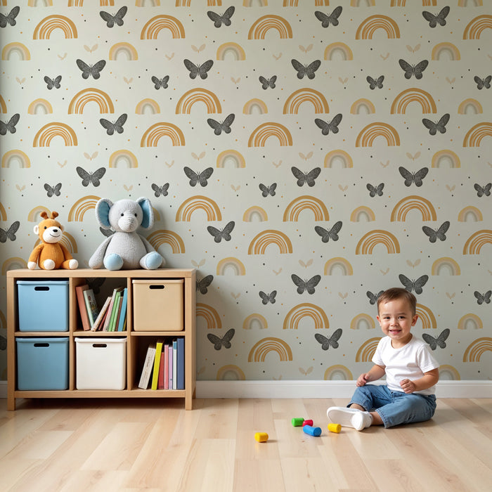 Kids room wallpaper with patterns | Rainbow with lovely butterflies