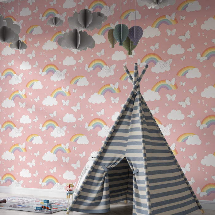 Papel de parede criança com padrões | Arco-íris e borboletas em fundo cor-de-rosa