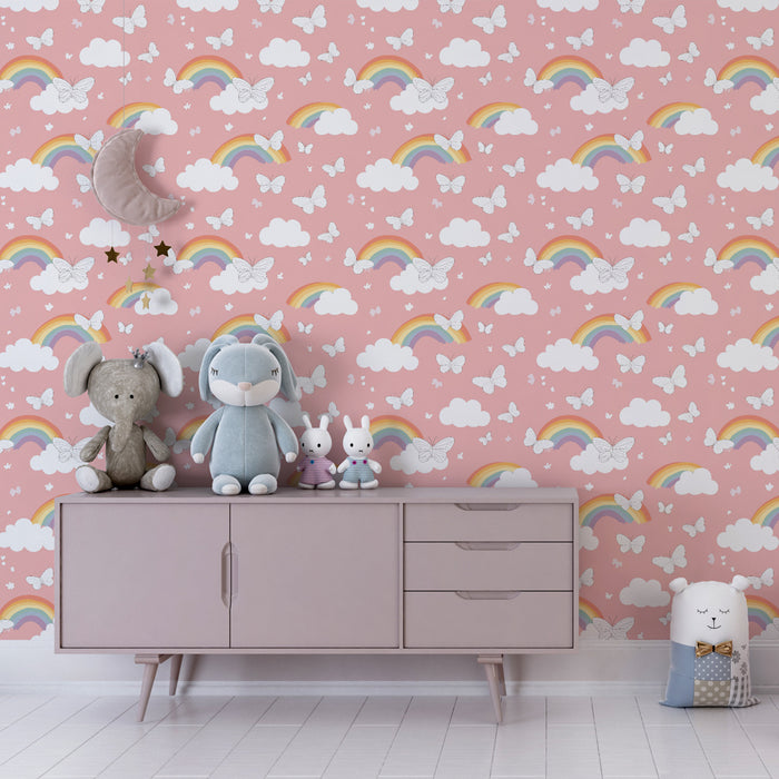 Papel de parede criança com padrões | Arco-íris e borboletas em fundo cor-de-rosa
