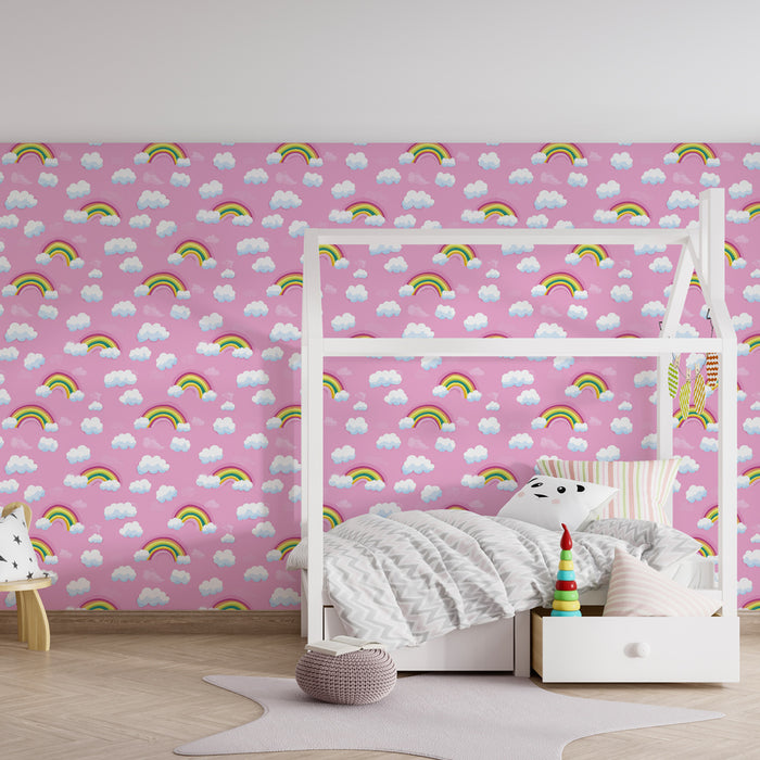 Papel de parede criança com padrões | Arco-íris em fundo rosa suave