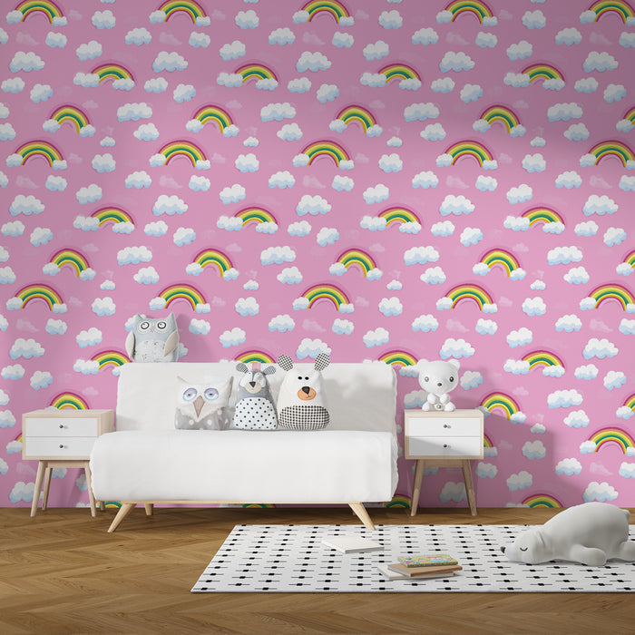 Papel de parede criança com padrões | Arco-íris em fundo rosa suave