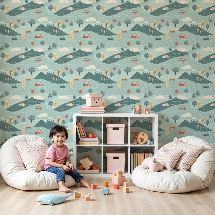 Kinderzimmer Tapete mit Motiven | Abenteuer in der freien Natur mit Autos und Landschaften