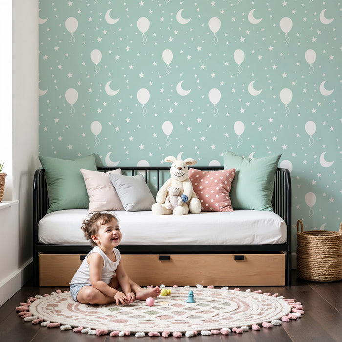 Papier peint chambre enfant à motifs | Ballons blancs et étoiles sur fond menthe