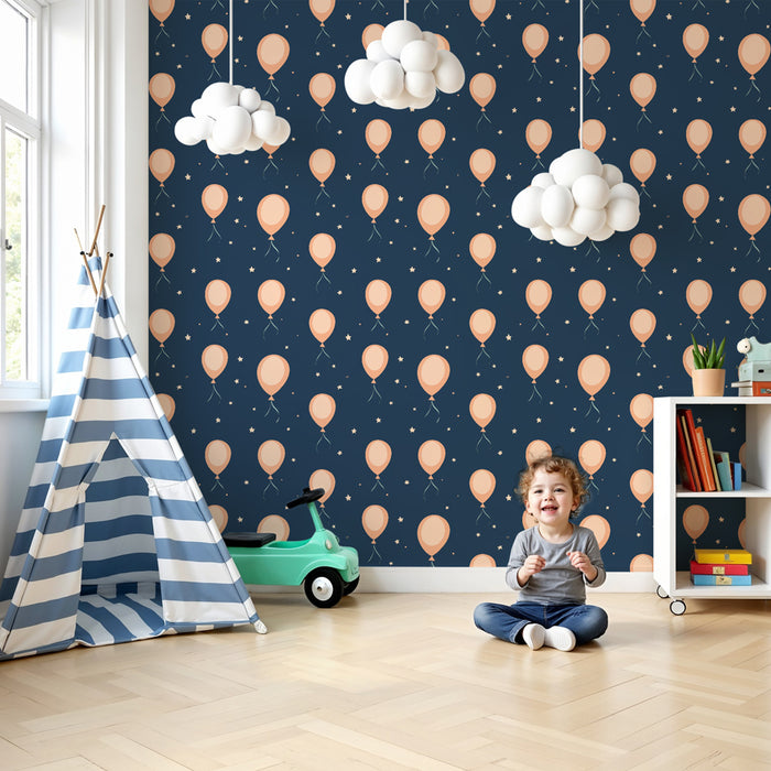Kids room wallpaper with patterns | Delicate balloons on a starry background