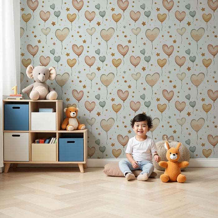 Papier peint chambre enfant à motifs | Ballons en forme de cœur et étoiles dorées