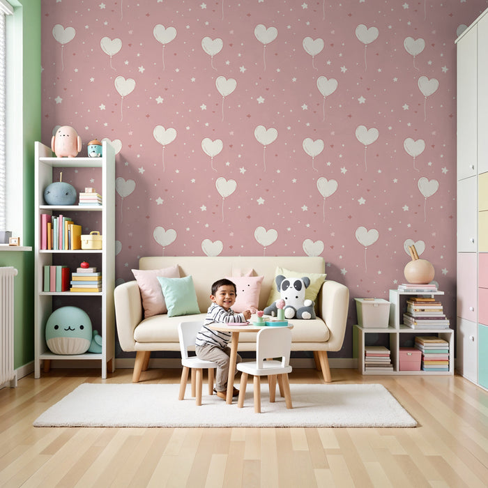 Kids room wallpaper with patterns | Heart-shaped balloons on a pink background
