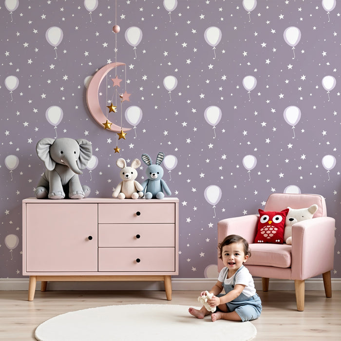 Papier peint chambre enfant à motifs | Ballons flottants et étoiles scintillantes