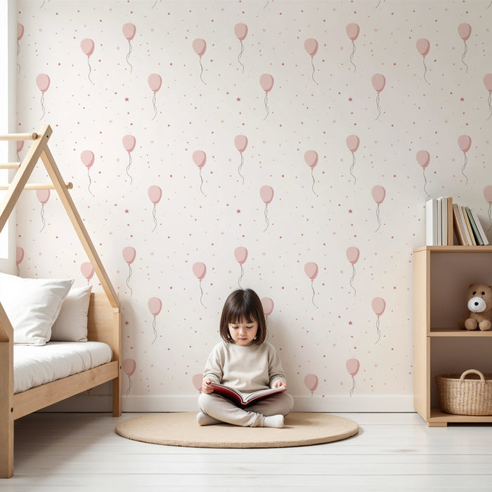 Papier peint chambre enfant à motifs | Ballons roses et étoiles délicates