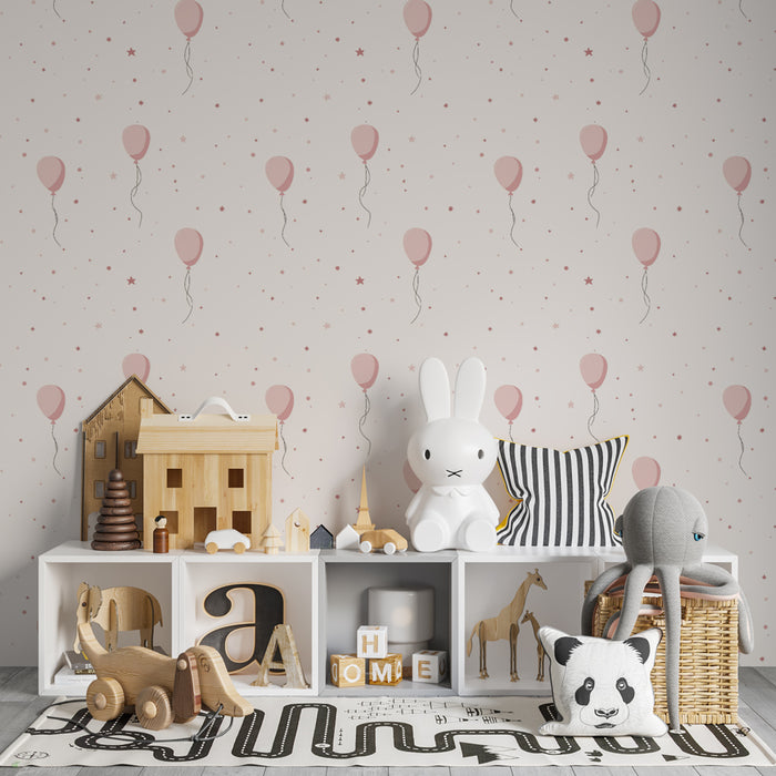 Papier peint chambre enfant à motifs | Ballons roses et étoiles délicates