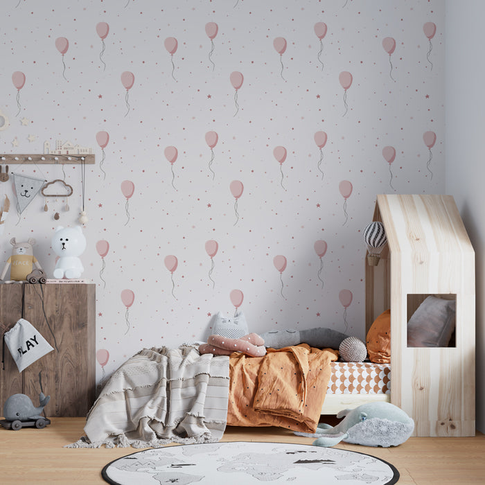 Papier peint chambre enfant à motifs | Ballons roses et étoiles délicates