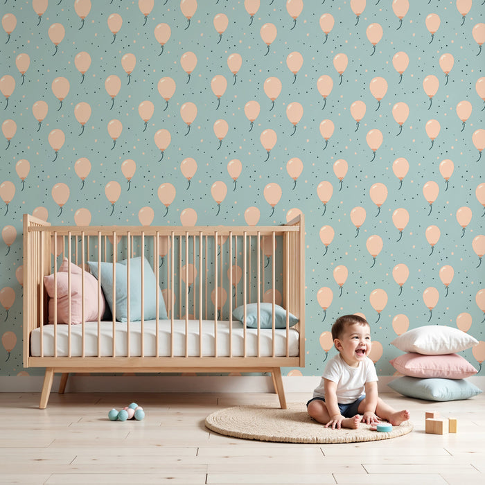 Kids room wallpaper with patterns | Pink balloons on a blue background