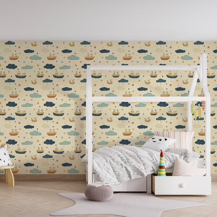Kinderkamer behang met patronen | Boten en wolken in een sterrenhemel