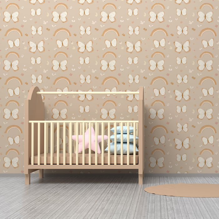 Papier peint chambre enfant à motifs | Beaux papillons et arcs-en-ciel sur fond beige