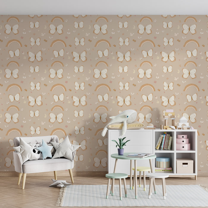 Papier peint chambre enfant à motifs | Beaux papillons et arcs-en-ciel sur fond beige