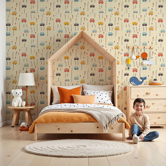 Kids room wallpaper with patterns | Charming colorful vehicles on the go