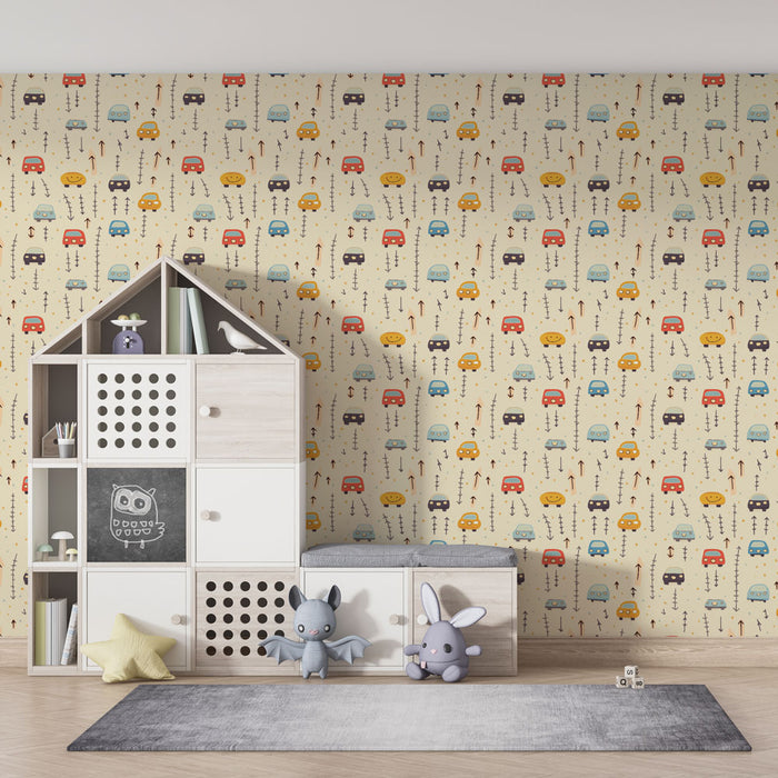 Papier peint chambre enfant à motifs | Charmants véhicules colorés en vadrouille