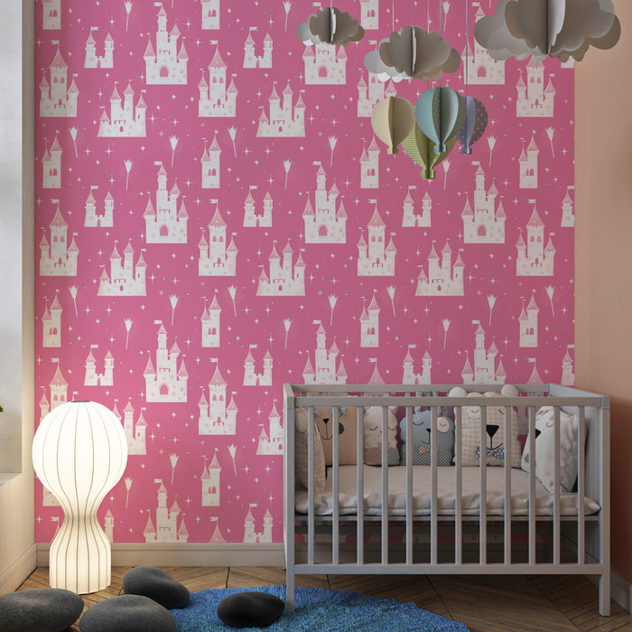 Papel de parede criança com padrões | Castelos mágicos em fundo rosa