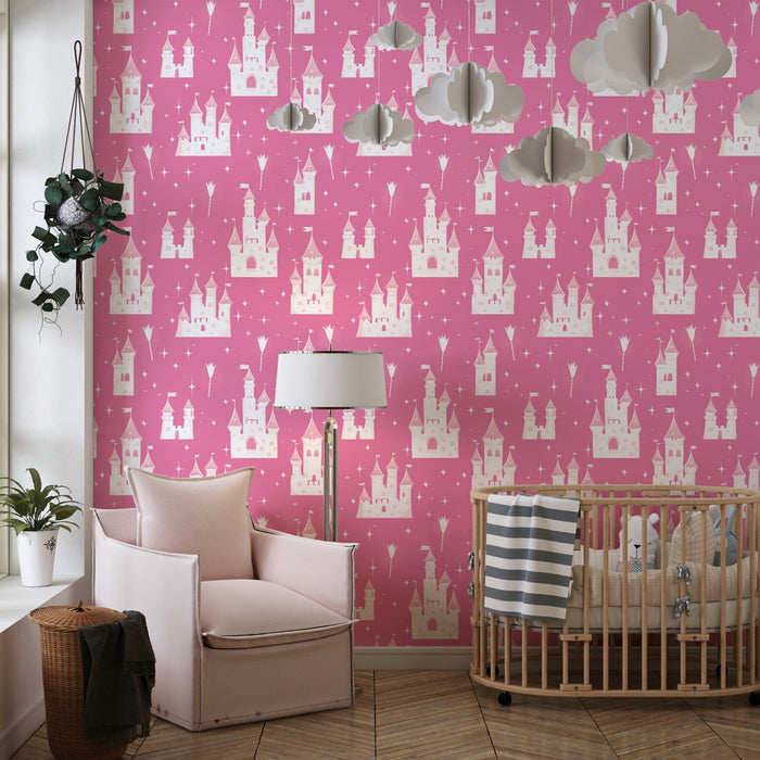 Papel de parede criança com padrões | Castelos mágicos em fundo rosa
