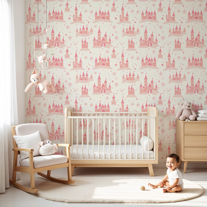 Papier peint chambre enfant à motifs | Châteaux roses et étoiles scintillantes
